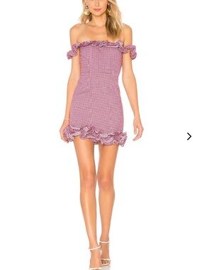 Lovers + Friends Purple Gingham Off-Shoulder Ruffle Dustin Mini Dress